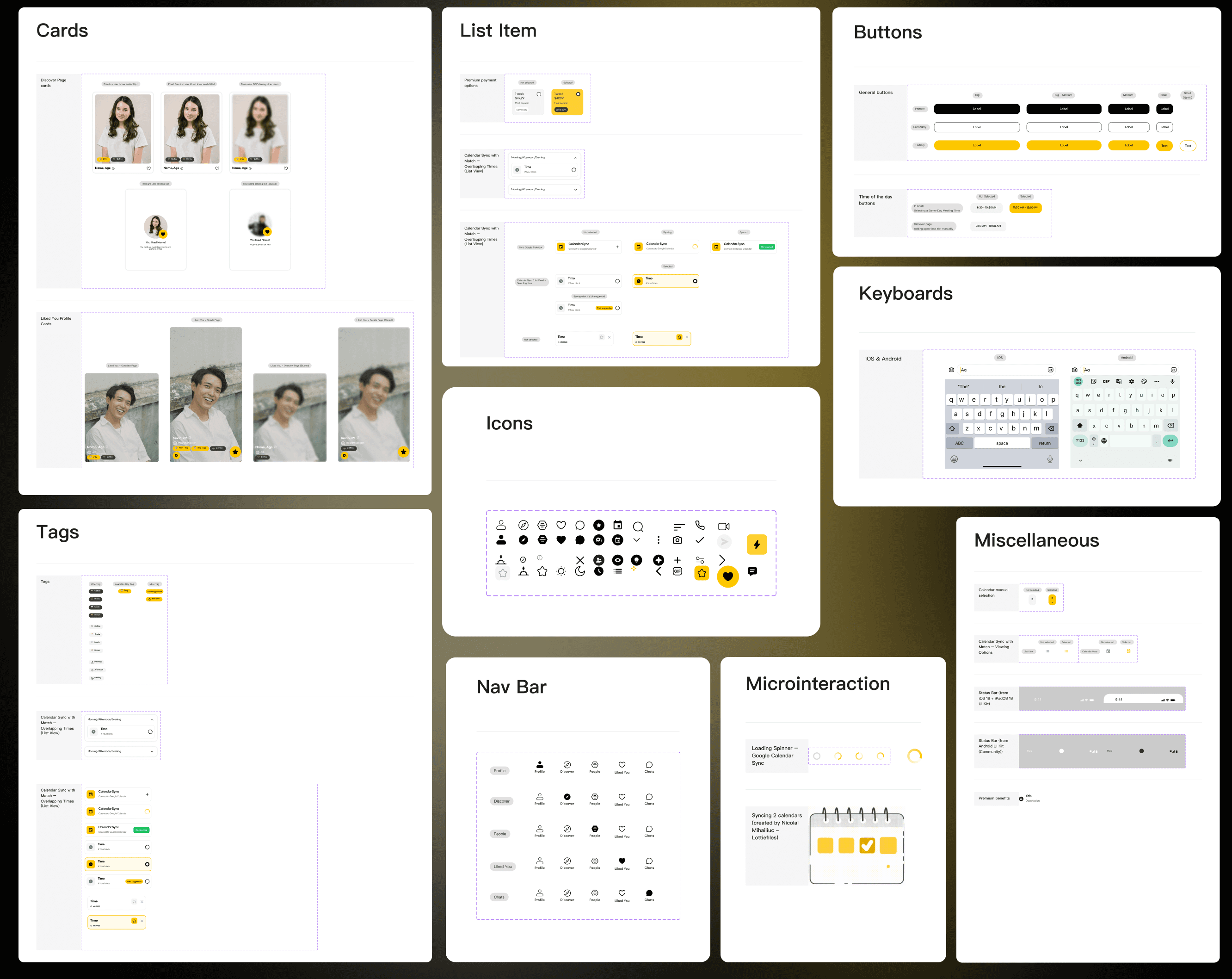 Bumble Flow design system overview: cards, list items, tags, nav bar, microinteractions, icons, keyboards, buttons, and miscellaneous components.
