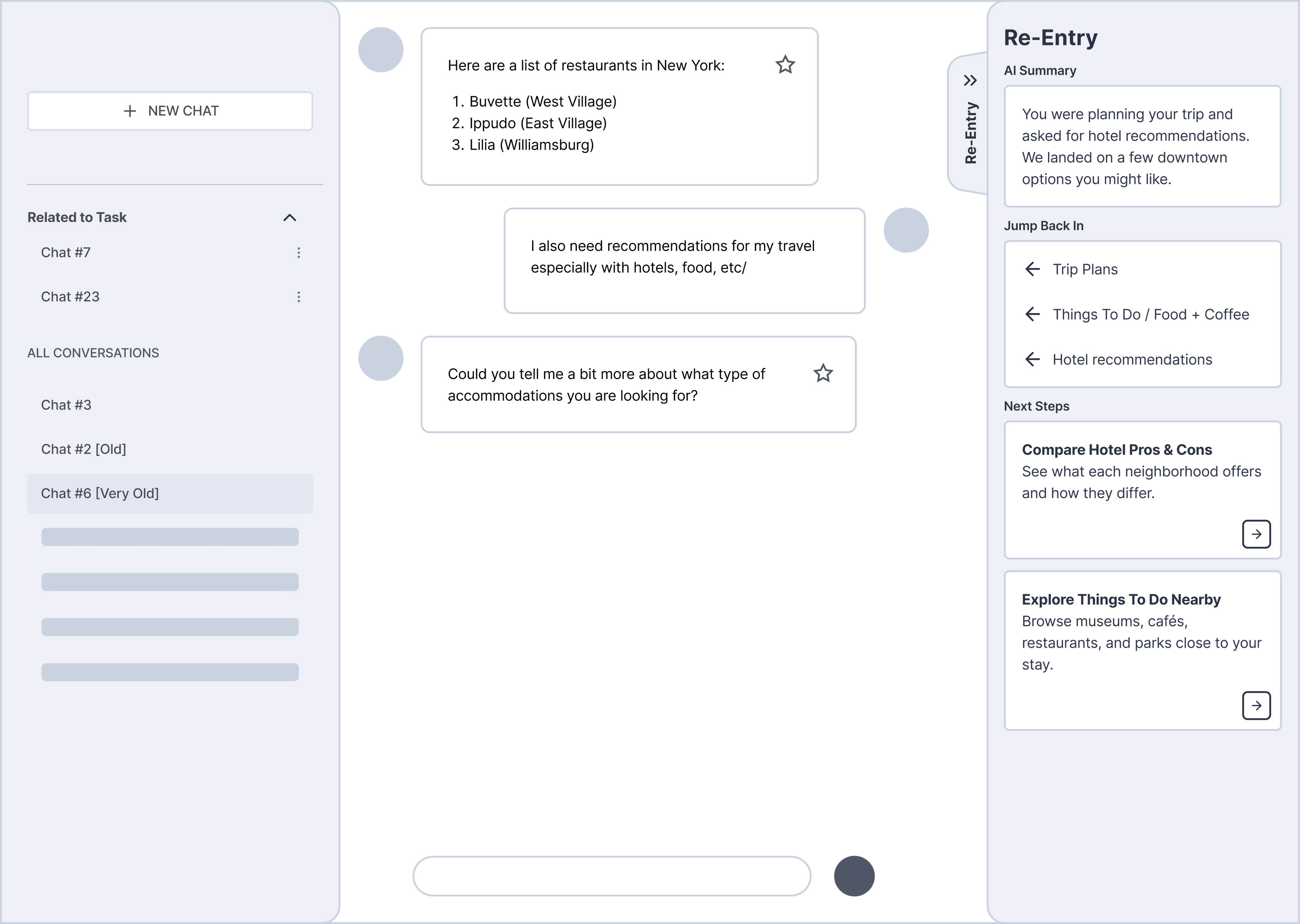 Re-Entry Panel in context of the chat interface — mid-fi