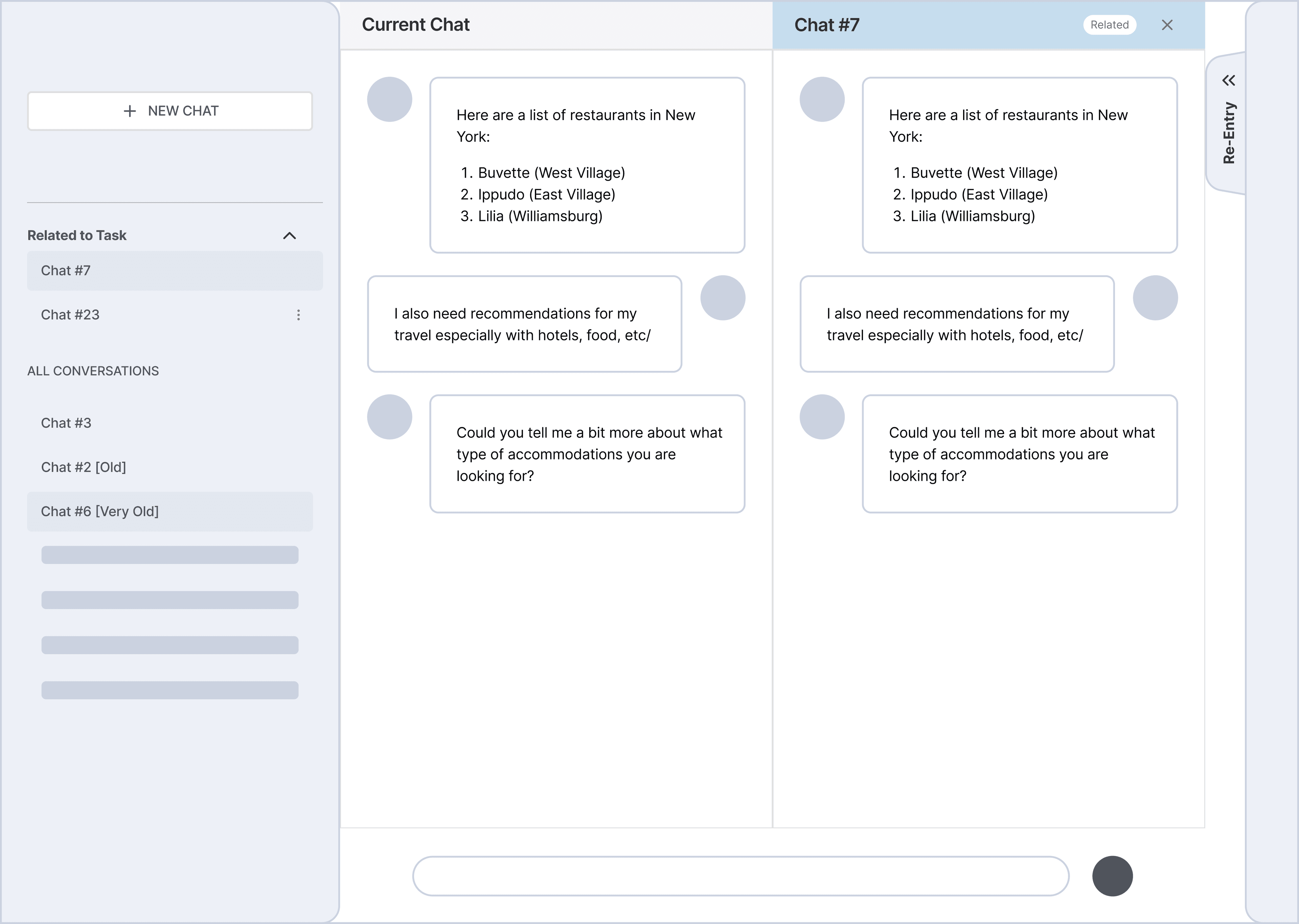 Related chat surfacing in context of the chat interface — mid-fi
