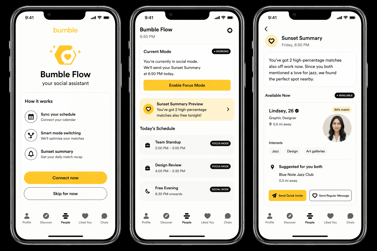 Initial Bumble Flow concept: automated same-day scheduling and calendar-led coordination before validation.