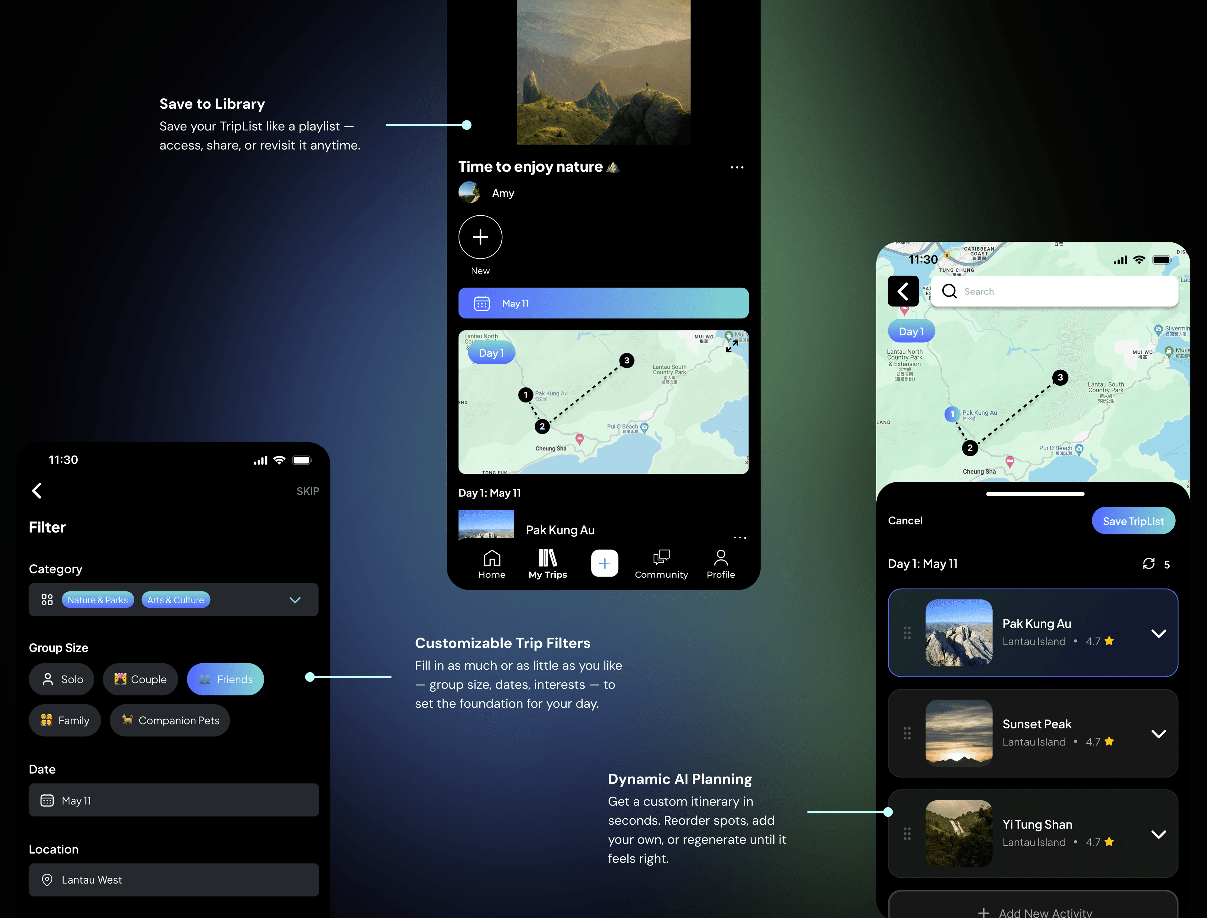 Trippy AI-generated TripList — save to library, customizable filters, and dynamic planning
