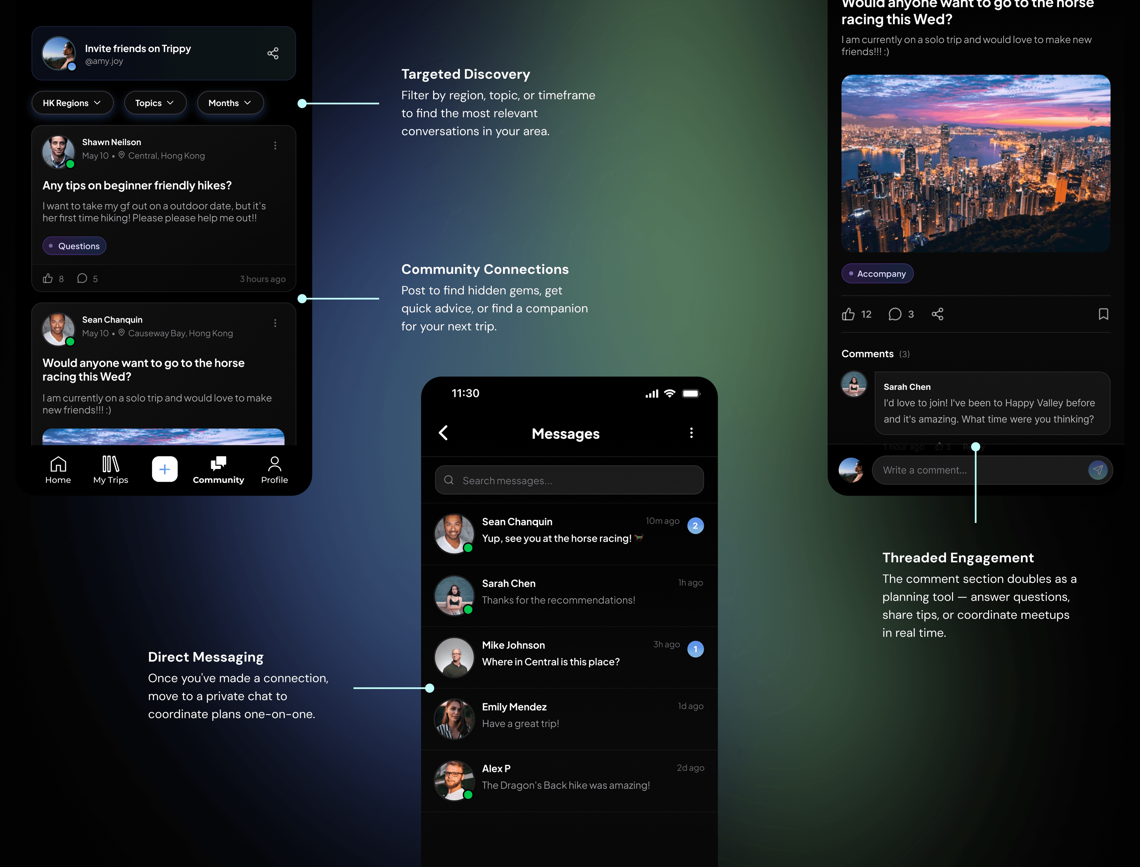 Trippy community hub — discovery, messaging, and threaded engagement