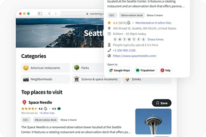 Wanderlog app interface screenshots